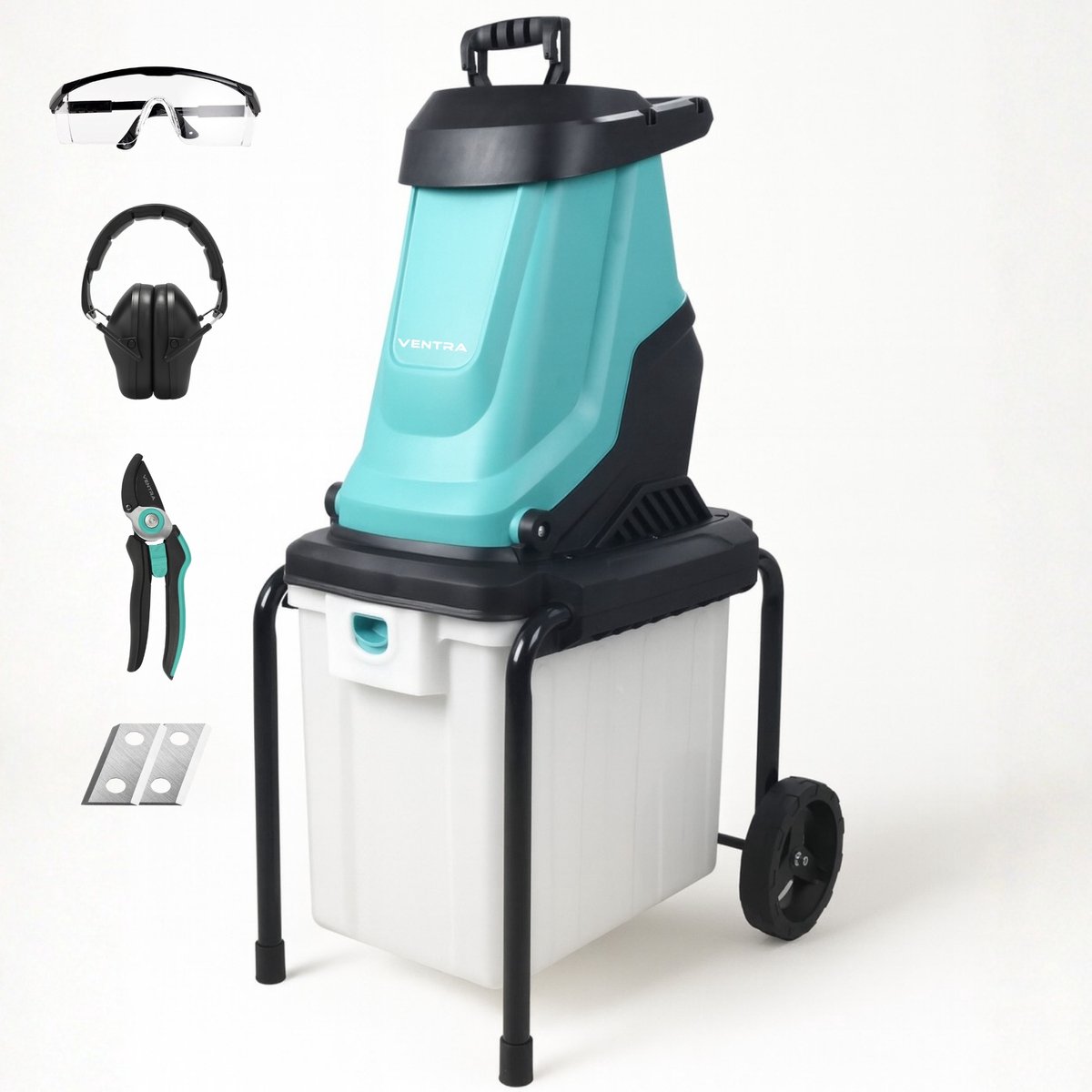 VENTRA® Elektrische Hakselaar - Wood Shredder - 3000W – Voor Takken Tot Ø45mm – 55L Opvangbak - 56 x 44,5 x 93,5 - Inclusief Veiligheidsuitrusting