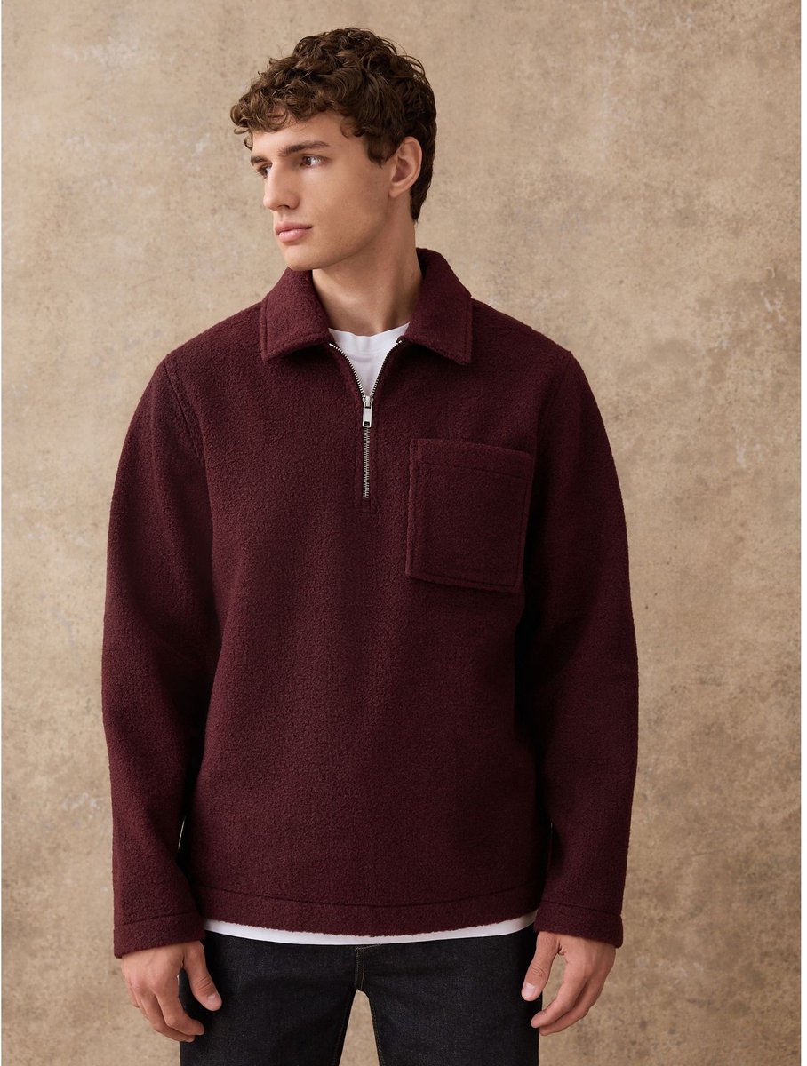 Next - Heren - Wool Look Quarter Zip Polo Top - Rood
