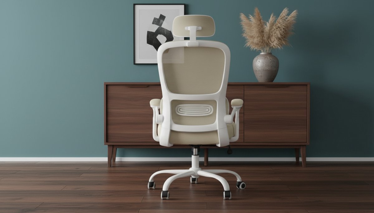 Ergonomische Bureaustoel Casa Velluto Siena – Mesh Kantoorstoel met Adaptieve Lendensteun, Verstelbare Hoofdsteun, Draaibaar, Ademend Zitkussen, Voor Thuiswerk en Kantoor, Zandbeige