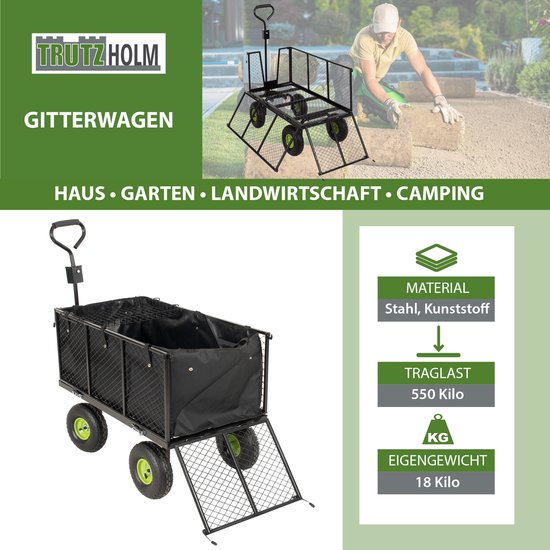 Tuintrolley afneembaar zeil 550 kg handkar opvouwbare traliewanden luchtbanden wielen aanhangwagen functie — afbeelding 5