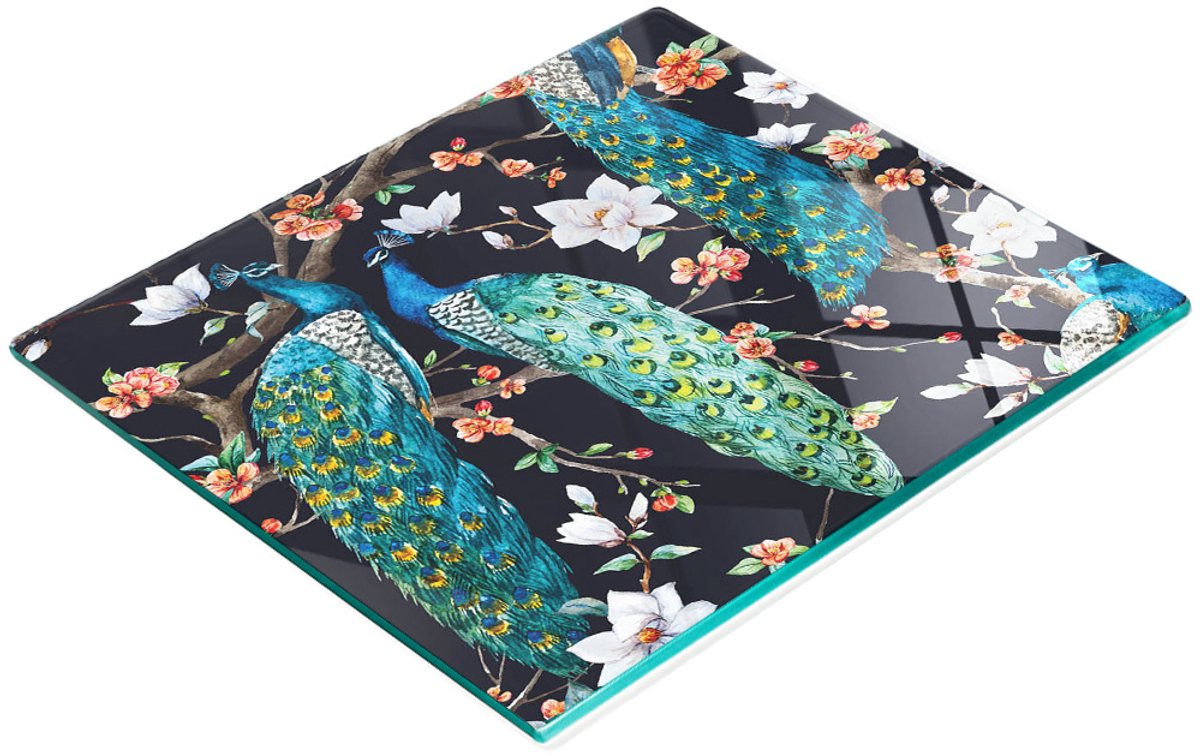 Multifunctioneel decoratief keukenbord van gehard glas met pauwenmotief, 60x52 cm