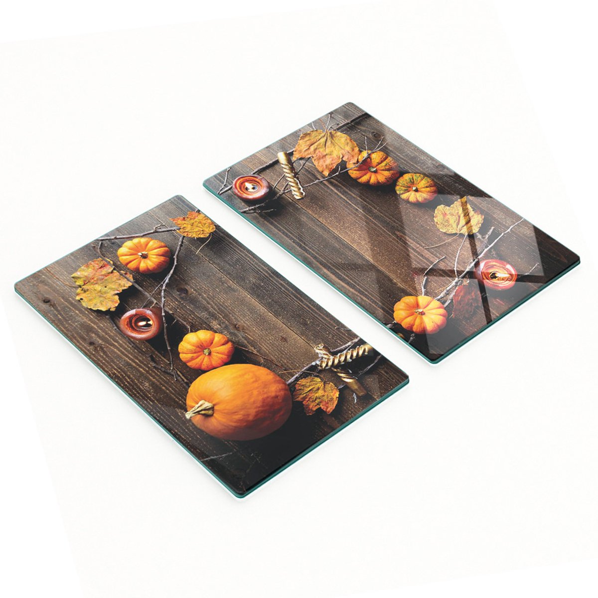 Set van twee decoratieve glazen keukenplanken met pompoenen en bladeren, 2x30x52 cm