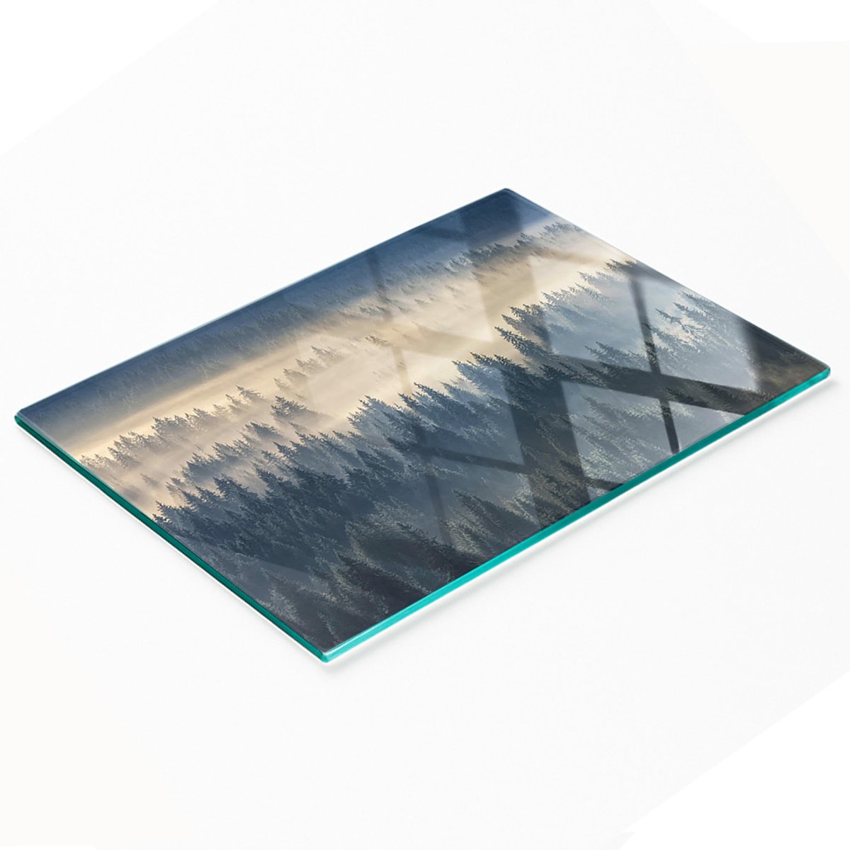 Keukenplank van gehard glas met decoratieve afbeelding van een mistig bos, 80x52 cm