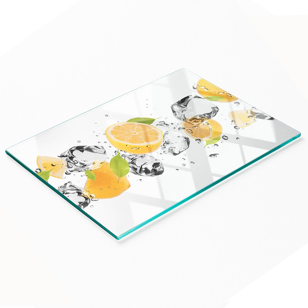 Decoratieve snijplank van gehard glas met citroen- en watermotief, 80x52 cm