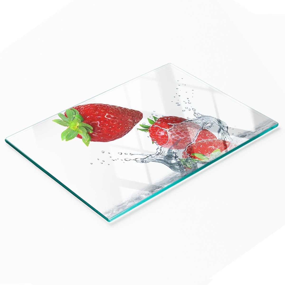 Decoratieve glazen snijplank met aardbeien en watermotief, 80x52 cm