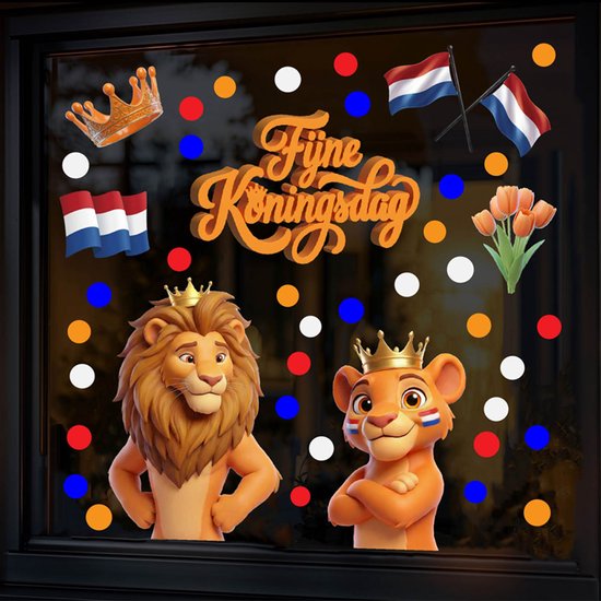 Raamstickers met leeuwen, koningskronen, Nederlandse vlaggen, tulpen en oranje, blauwe en witte cirkels. Tekst 'Fijne Koningsdag'.