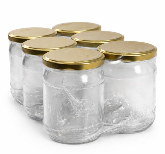 Glazenpotten 500 ml inclusief 3 recepten verpakt per 6 stuks - inmaakpotten gouden deksel 500ml