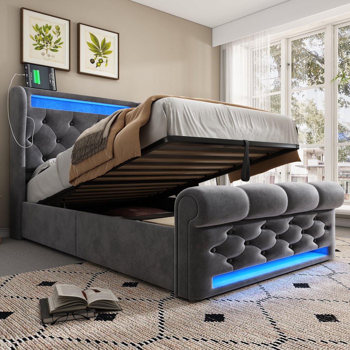 Wishdor Luxe Eenpersoonsbed 90x200 cm - Chesterfield Slee Design met LED & USB - Hydraulische Opbergruimte - Fluweel Grijs