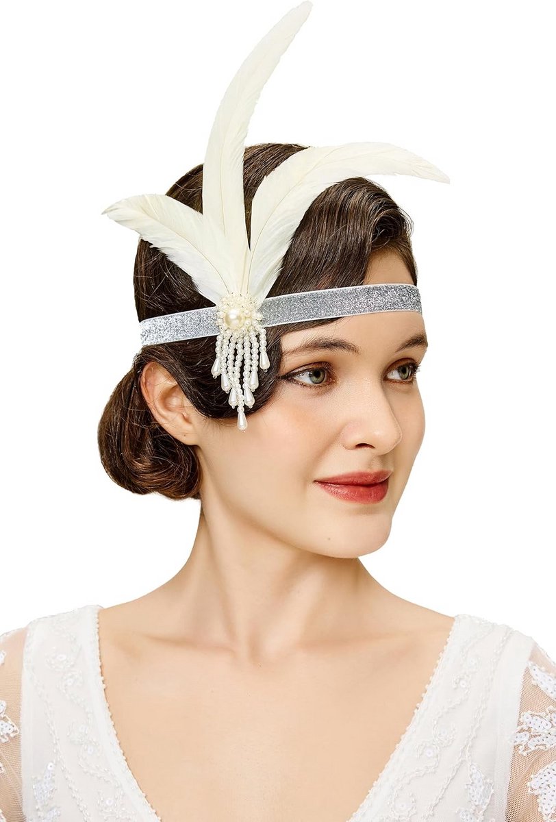 Vintage Jaren 20 Flapper Hoofdband met Strik en Veren - Great Gatsby Kostuum Accessoire