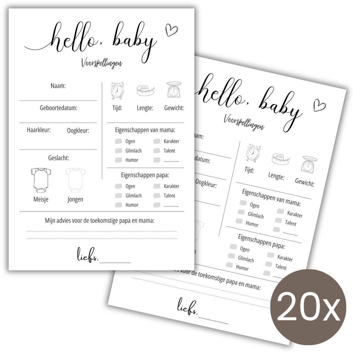 Babyshower Invulkaarten 20 stuks - Voorspellingskaarten - Babyshower Spelletjes - Jongen of Meisje - A6 - Zwart Wit
