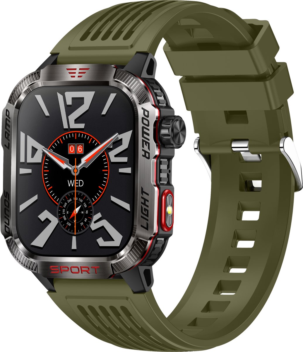 Knobbout Outdoor Smartwatch 2.01”Scherm Extra Groot Scherm – Militair Standaard Schok & Krasbestendig - Zaklamp + SOS - Kompas & Hoogtemeter - GezondheidsmonitorBluetooth Bellen -AI Spraakassistent- 600mAh -IP68 -wart staal+ siliconen band - Groen