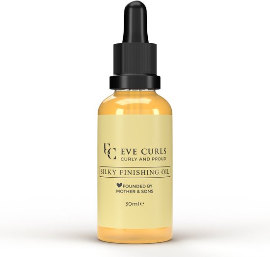 EVE CURLS SILKY FINISHING OIL: Een gouden serum in een glazen fles met druppelaar, 30ml.