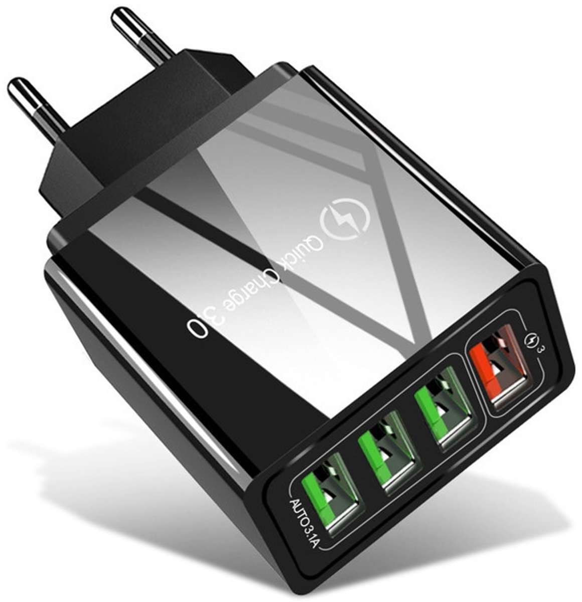 30W 4-Poorts Reislader - 1x USB-A QC 3.0 + 3x USB 2.0 - oplader adapter - Universeel voor Smartphone en Tablet - zwart