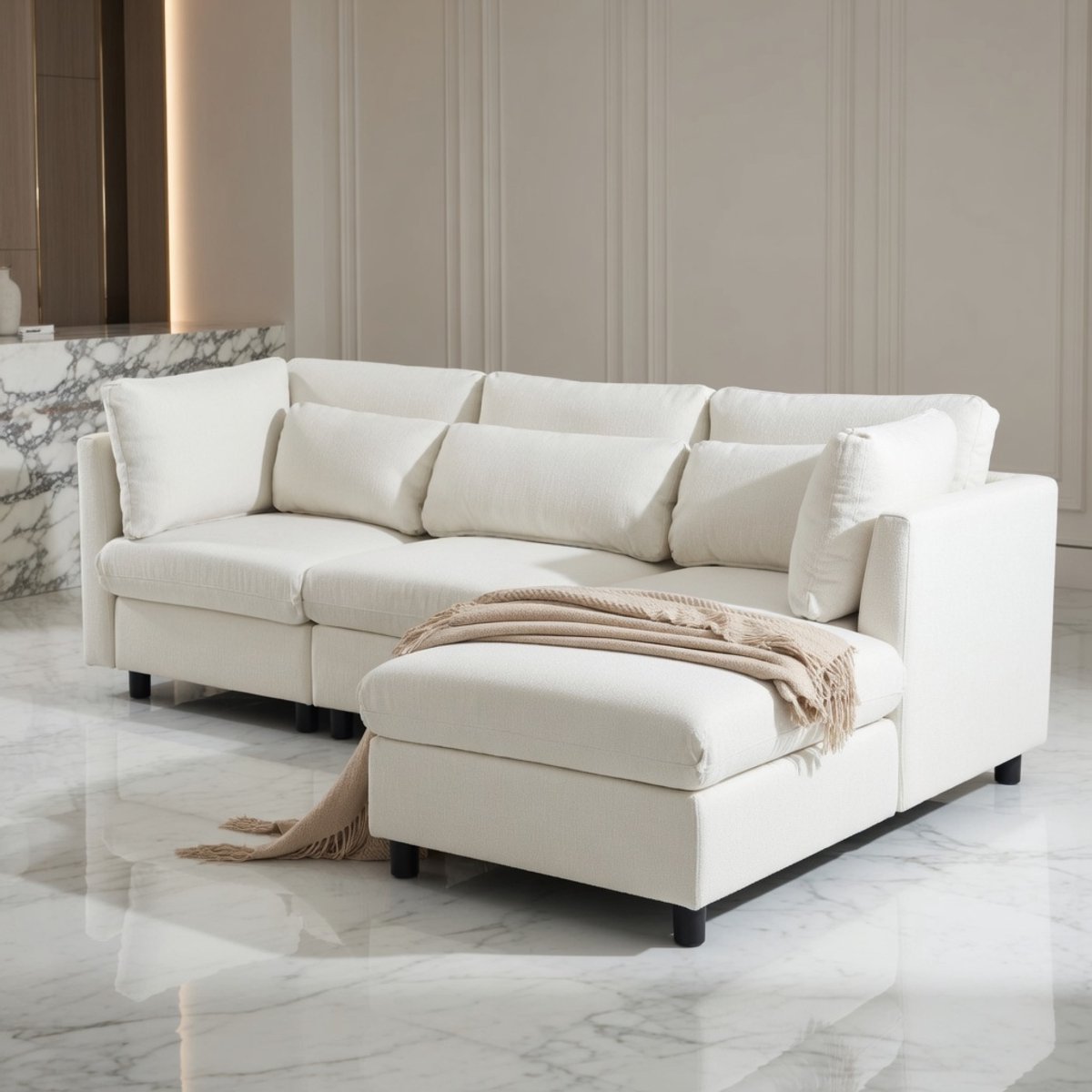 Luxe L-vormige Hoekbank met Voetenbank en Comfortabele Kussens – Beige Moderne 3-4-Zits Sofa – House&Garden
