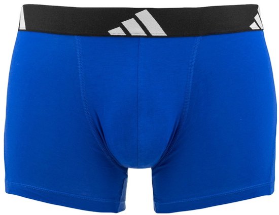 Koningsblauwe boxer met zwarte band met witte Adidas logo's.