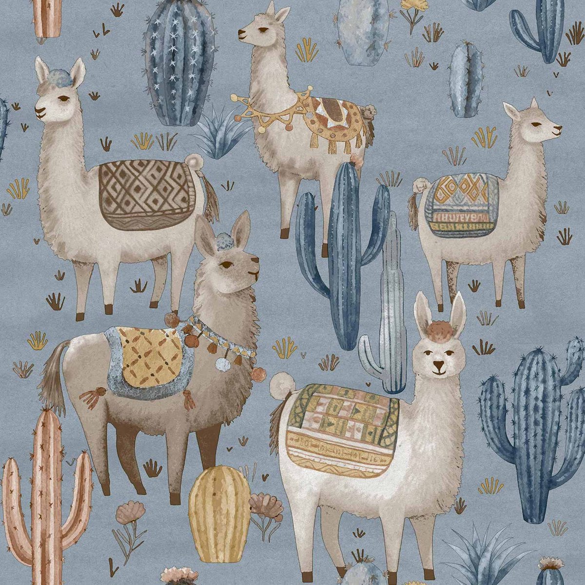 Behang - Kinderkamer – Alpaca – Cactus - Oranje - Bruin - Grijs - Babykamer - Kinderbehang - 0,53 x 10,05 M