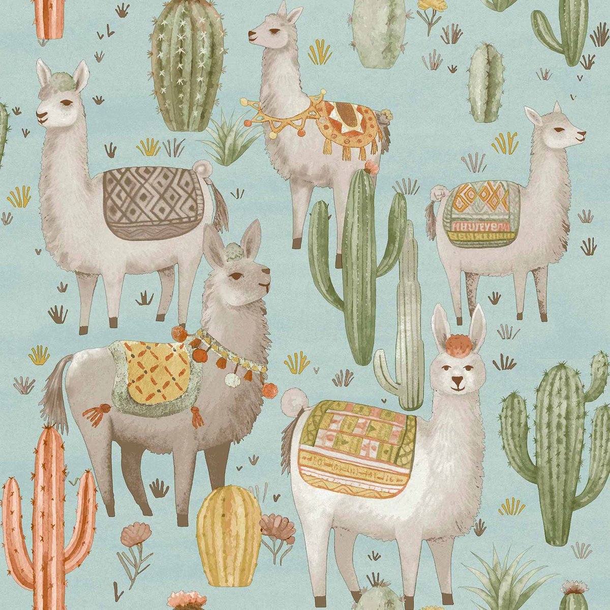 Behang - Kinderkamer – Alpaca – Cactus - Blauw- Groen - Oranje - Grijs - Babykamer - Kinderbehang - 0,53 x 10,05 M