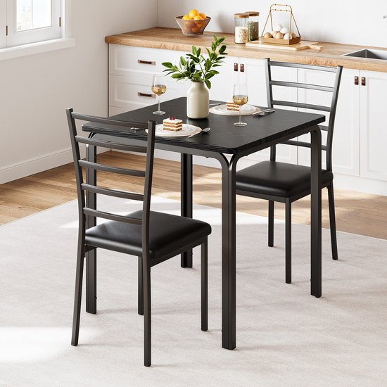 Compacte Zwarte Eettafel Set voor 2 Personen - Vierkante Keukentafel met 2 Gestoffeerde Stoelen - Ruimtebesparende 3-Delige Eethoek voor Kleine Ruimtes & Studio's