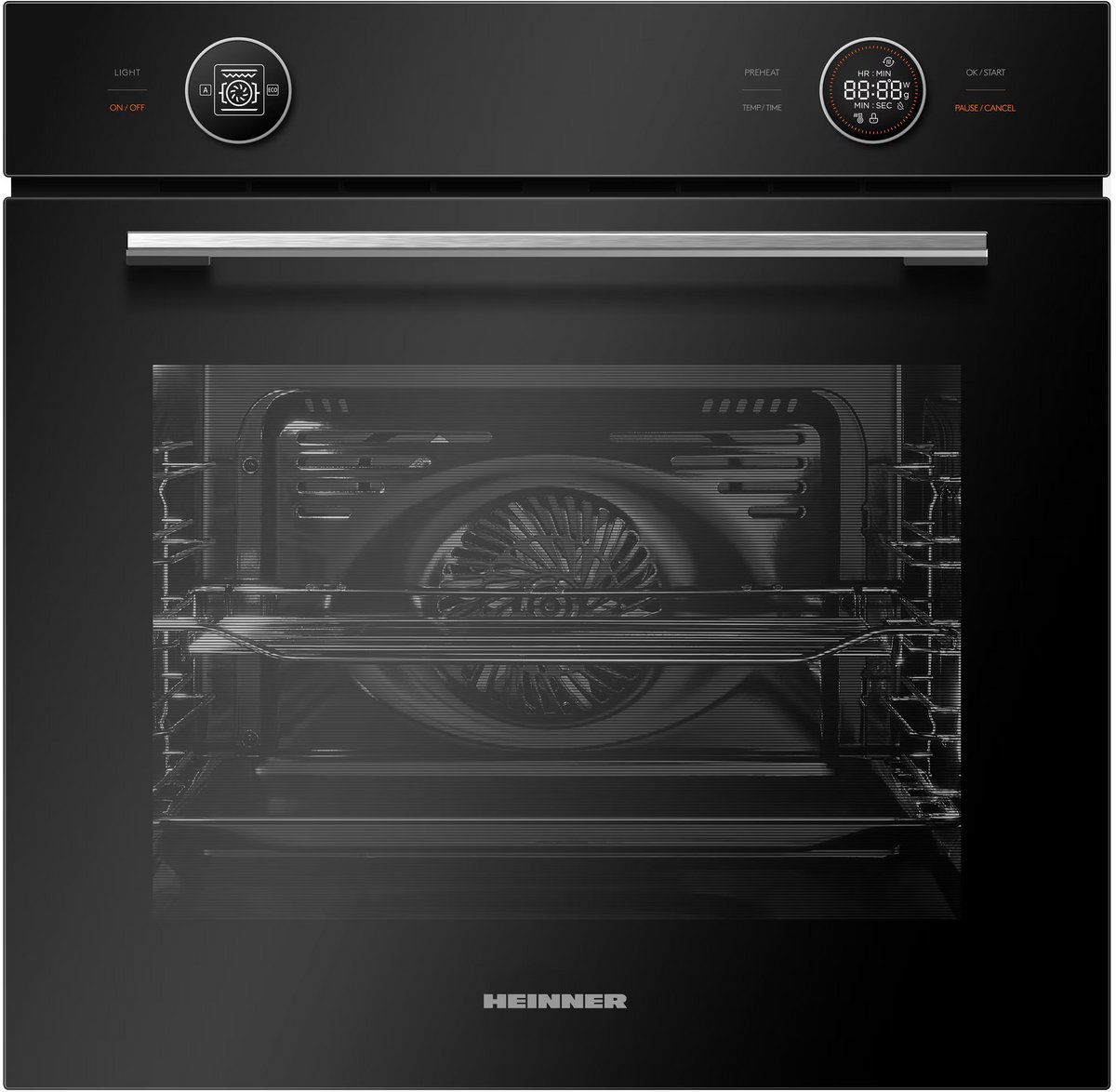 Heinner HBO-M7210GCDRC-GBK Inbouw Oven 60 cm – Elektrisch – 72 L – Energieklasse A+ – Heteluchtfunctie – Touchdisplay – Ontdooifunctie – Zwart Glas– 5 Jaar Garantie