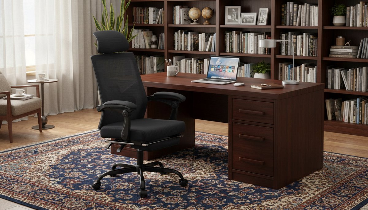 Bureaustoel Ergonomisch met Voetsteun en Hoofdsteun – Casa Velluto ErgoRelax Elite – Mesh Bureaustoel met Verstelbare Lendensteun – Kantelbaar 90-135° – Draaistoel met Wielen voor Kantoor, Thuiswerken en Gaming – Zwart