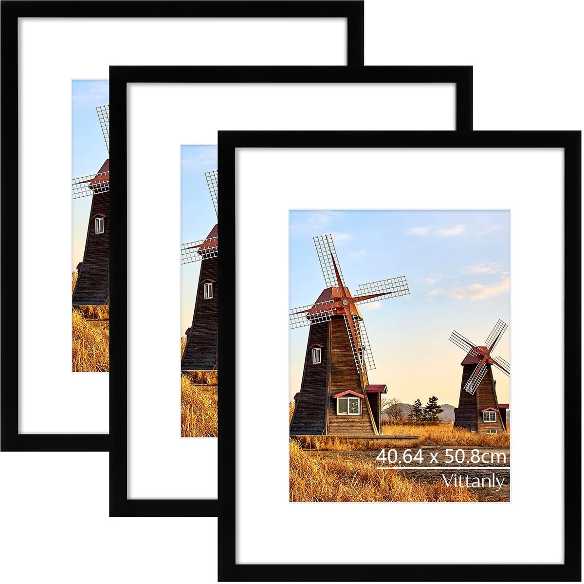 Vittanly - Fotolijst - Modern - Fotomaat - 40x50/27x35cm fotomaat met passe - partout - Set van 3 - Zwart - Fotokader