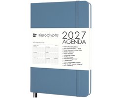 Hieroglyphs Agenda 2027 A5 - 1 Week op 2 pagina's - Harde Kaft - Elastiek - Opbergvak - 2 Bladwijzers - Weekagenda Jaaragenda Volwassenen - Petrol Blue