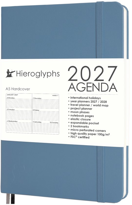 Hieroglyphs Agenda 2027 A5 - 1 Week op 2 pagina's - Harde Kaft - Elastiek - Opbergvak - 2 Bladwijzers - Weekagenda Jaaragenda Volwassenen - Petrol Blue