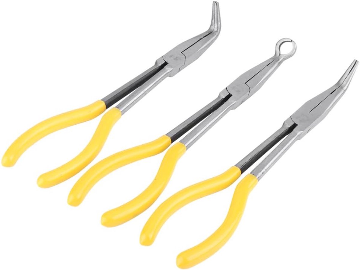 Set van 3 Extra Lange Punttangen 11 Inch - 45/90 Graden Gebogen Bek en O-Vorm Tip