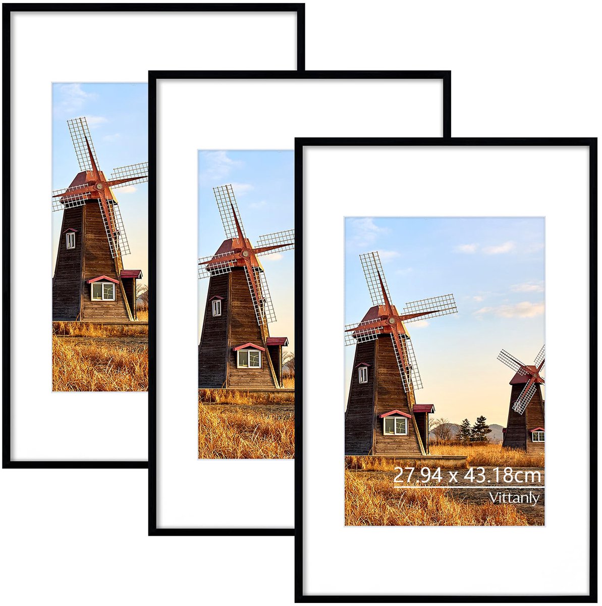 Vittanly - Fotolijst - Modern - Fotomaat - 28x43/20x30cm fotomaat met passe - partout - Set van 3 - Zwart - Fotokader