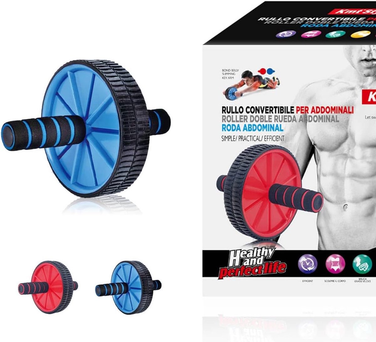 Buikspierroller - Fitness Wiel - Kracht Training - Dubbele Tandwielen - 20x19x9 cm - Blauw of Rood