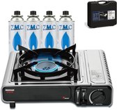 Maxsun Premium Camping Réchaud à gaz 2.2 kW – Appareil de cuisson au butane – Acier inoxydable – Verrouillage de sécurité – Incluant 4 cartouches de gaz et mallette de transport – Pour camping et kit d'urgence