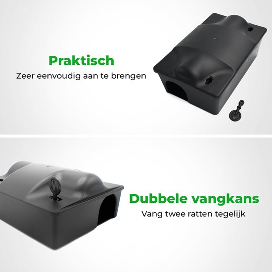 Grijze rattenvoerdoos met een slot, die de dubbele vangmogelijkheid benadrukt.