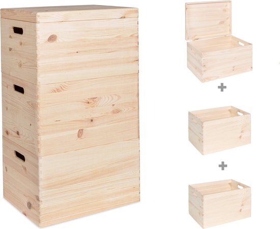 Stapelbare houten kist met deksel en twee losse kratten. Naturel vurenhout.
