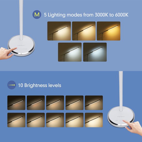Aigostar Bureaulamp led dimbaar - 10 helderheidsmodi - 5 lichtkleuren - Opvouwbaar - USB Opladen - Smart Touch - Leeslamp - Tafellamp - Wit van Aigostar — afbeelding 2