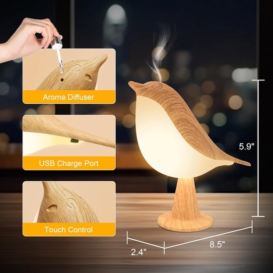 Kleine bureaulamp - vogel lamp met 3 kleurtemperatuur en aanraaksensor - draadloze kinderlamp met oplaadbare batterij - voor slaapkamer, nachtkastje, nachtkastje, auto decoratieve verlichting — afbeelding 5