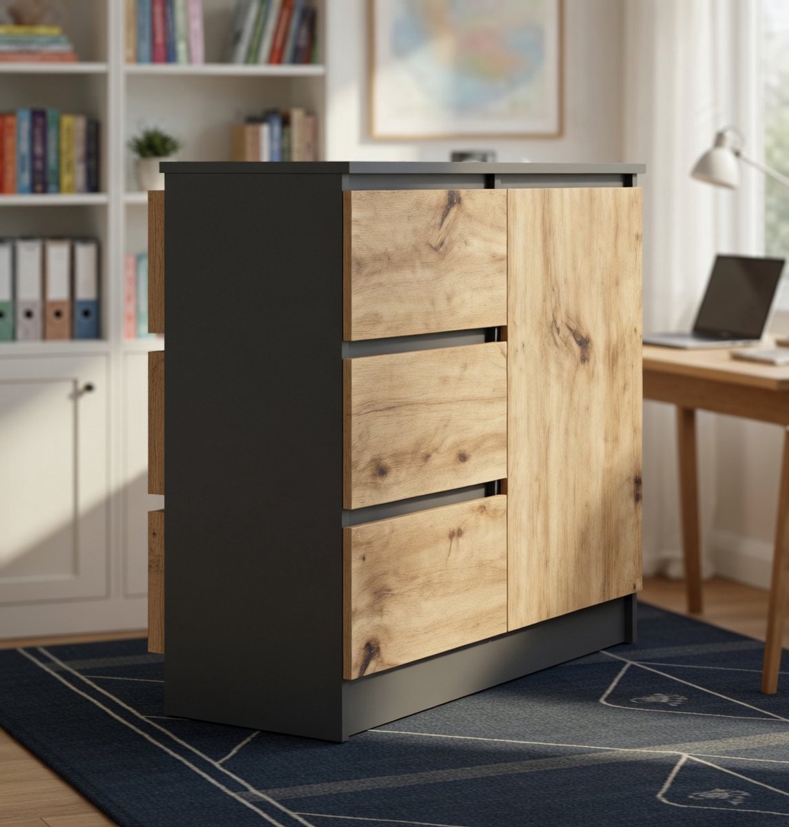Moderne Opbergcombinatie Jerry – 3 Laden Commode & Kast met 2 Planken en 1 Deur – Grafietgrijs + Eiken Artisan Front – Multifunctioneel Meubel voor Woonkamer, Slaapkamer of Kantoor – Novihome
