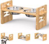 FOREYY Verhoogde Hond Bowls voor Katten en Honden - Bamboe Verhoogde Hond Kat Voedsel en Water Bowls Stands Feeder Gerechten met 2 RVS Bowls en Anti Slip Voeten(S