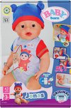 BABY born Jonas pop met blauwe muts en rompertje met sterrenprint en teddybeer, in doos.