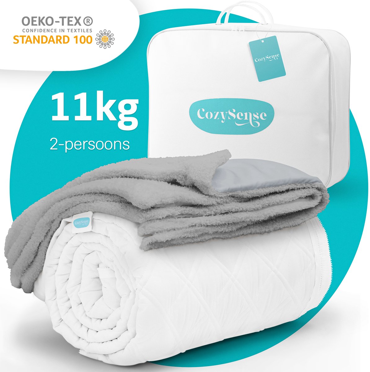 CozySense Verzwaringsdeken 11kg - 200x200cm - Zwaartedeken met Wasbare Hoes - Weighted Blanket met GLASS-Flow® Drukverdeling - Grijs