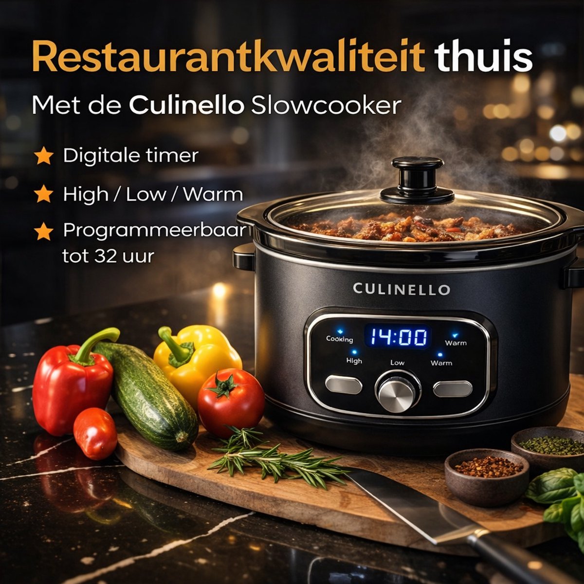 Culinello® Digitale Slowcooker met Timer – 5.6 Liter – Incl. Digitaal Slowcooker Kookboek – Uitstelbare Timer – Programmeerbare Timer – Multicooker – Rice cooker – Rijstkoker – Slow Cooker – Uitneembare Keramische Binnenpan – 3 Warmtestanden – Zwart – foto 4