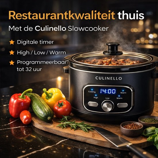 Zwart Culinello slowcooker met 5.6L inhoud. Naast de slowcooker liggen verse groenten en kruiden op een snijplank.
