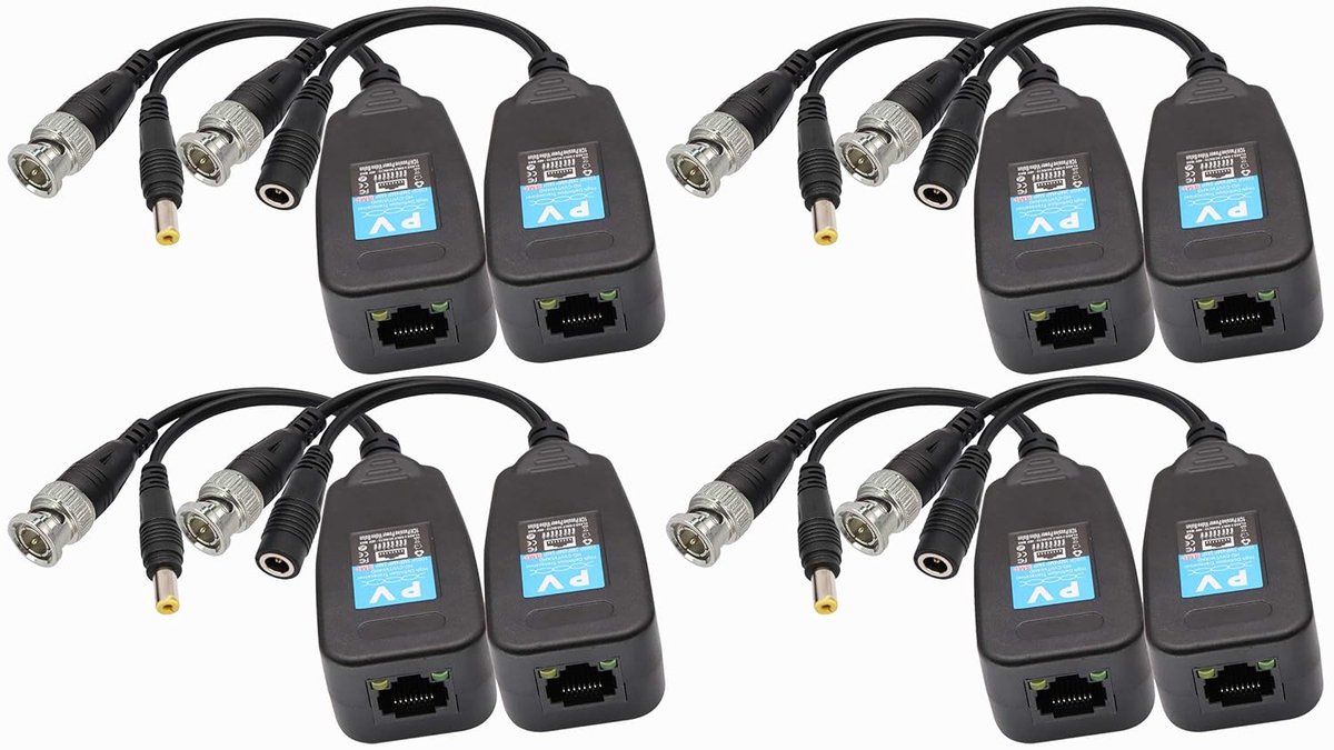 4 Paar Video Balun RJ45 naar BNC voor HD-CVI/TVI/AHD/CVBS Camera Systemen - Transceiver Zender voor CCTV Beveiliging