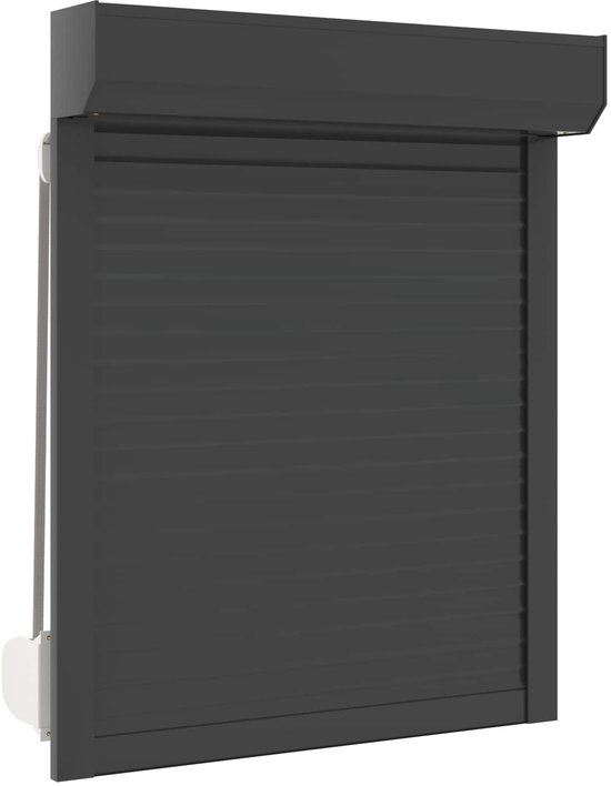 Een donkergrijze rolluik met horizontale lamellen en zijkantmechanisme.