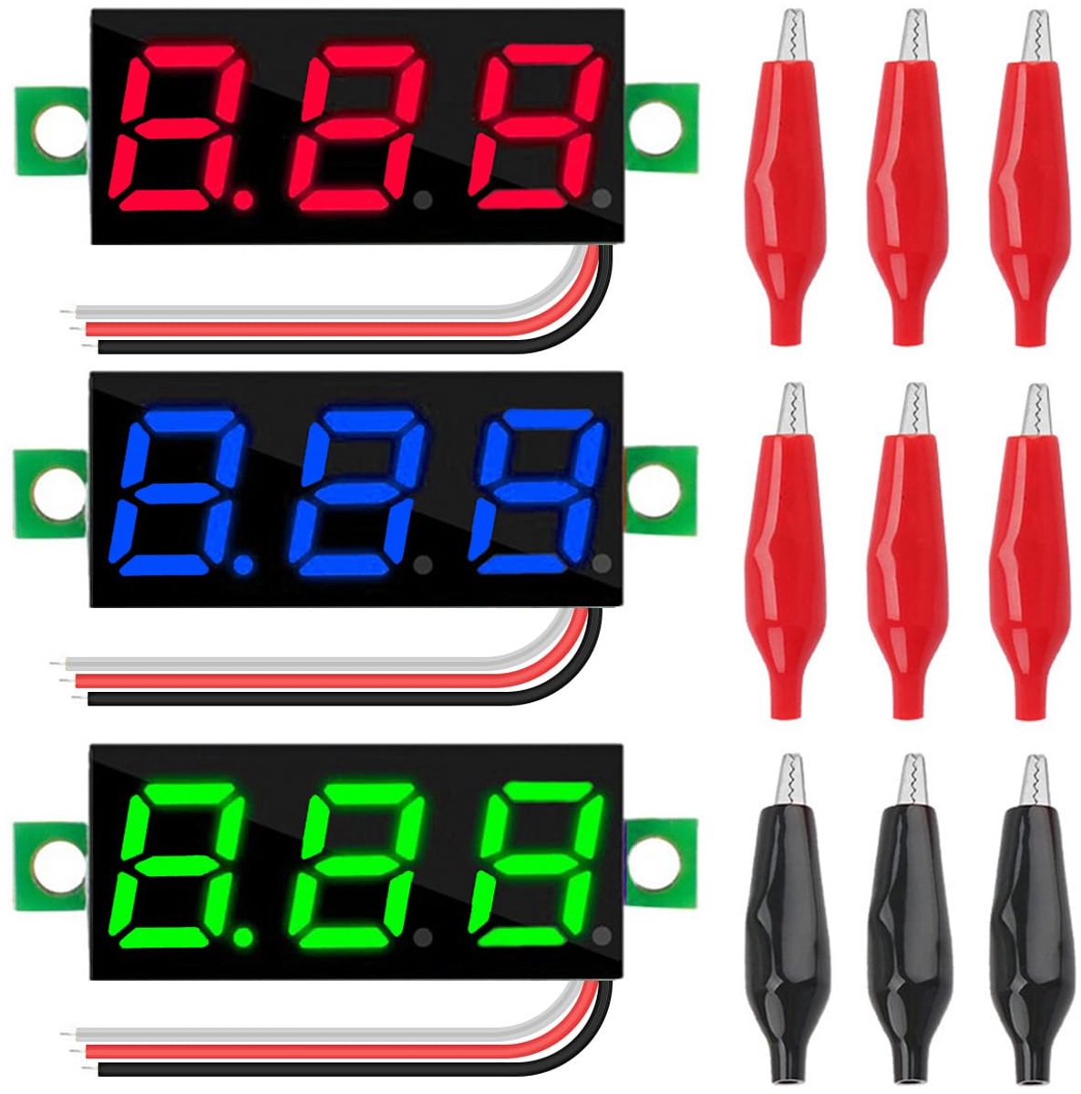 Voltmeter DC 0-100V Digitale Spanningsmeter met 3 Kleuren LED Display en Alligator Clips (3 Stuks)