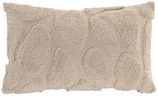 Coussin beige avec une texture de motifs organiques en relief ressemblant à des feuilles.