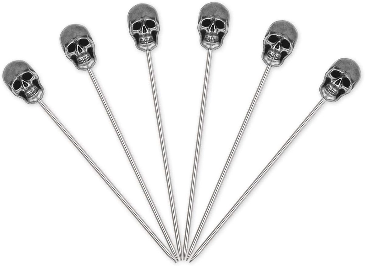 Set van 6 Herbruikbare Cocktailplectrums van Roestvrij Staal met Doodshoofd Ontwerp