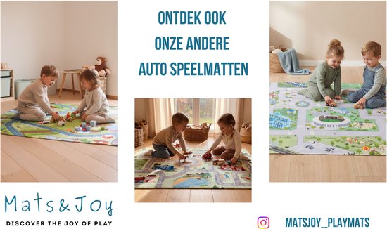 Kinderen spelen op een speelmat met wegen, huizen en treinsporen. "Ontdek ook onze andere auto speelmatten"