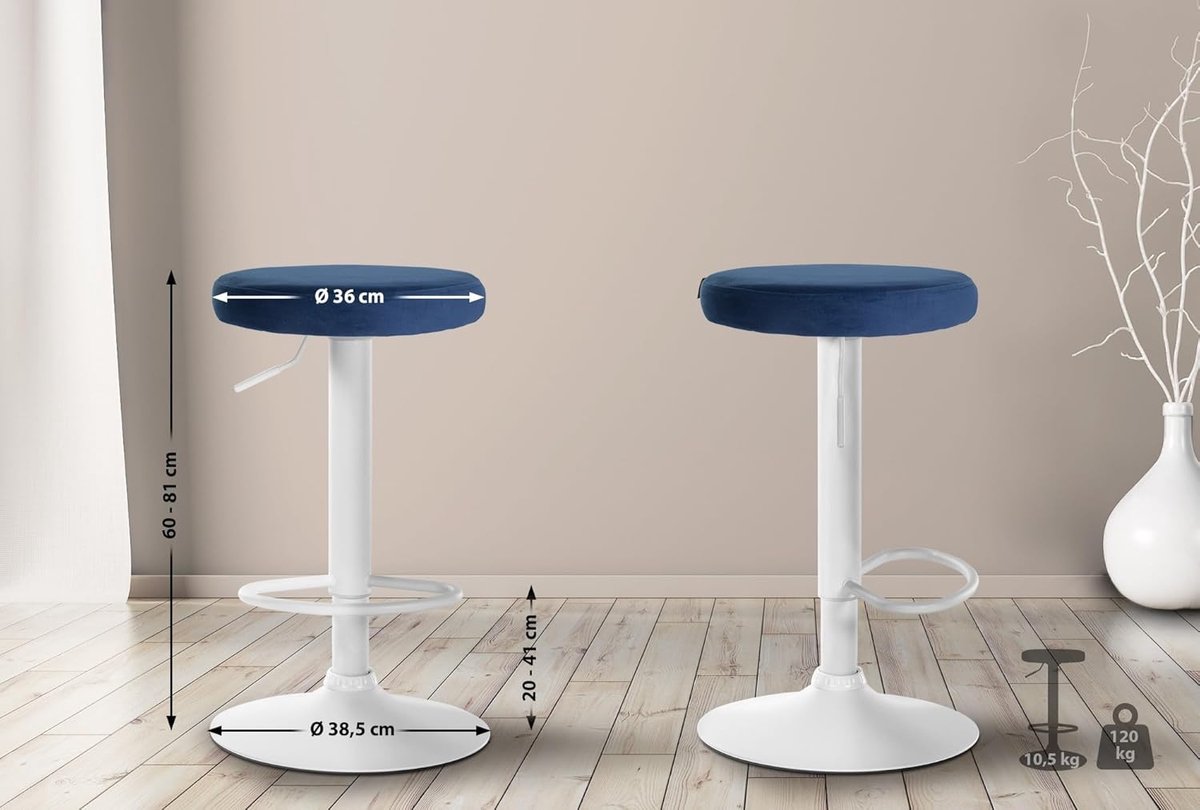 Verstelbare Fluwele Barkruk Rond met Voetsteun - Blauw, Wit Frame