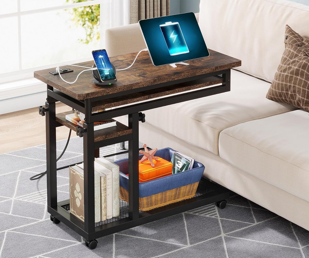 Verstelbare C-vormige bijzettafel met wielen en USB-poorten voor laptop en bed