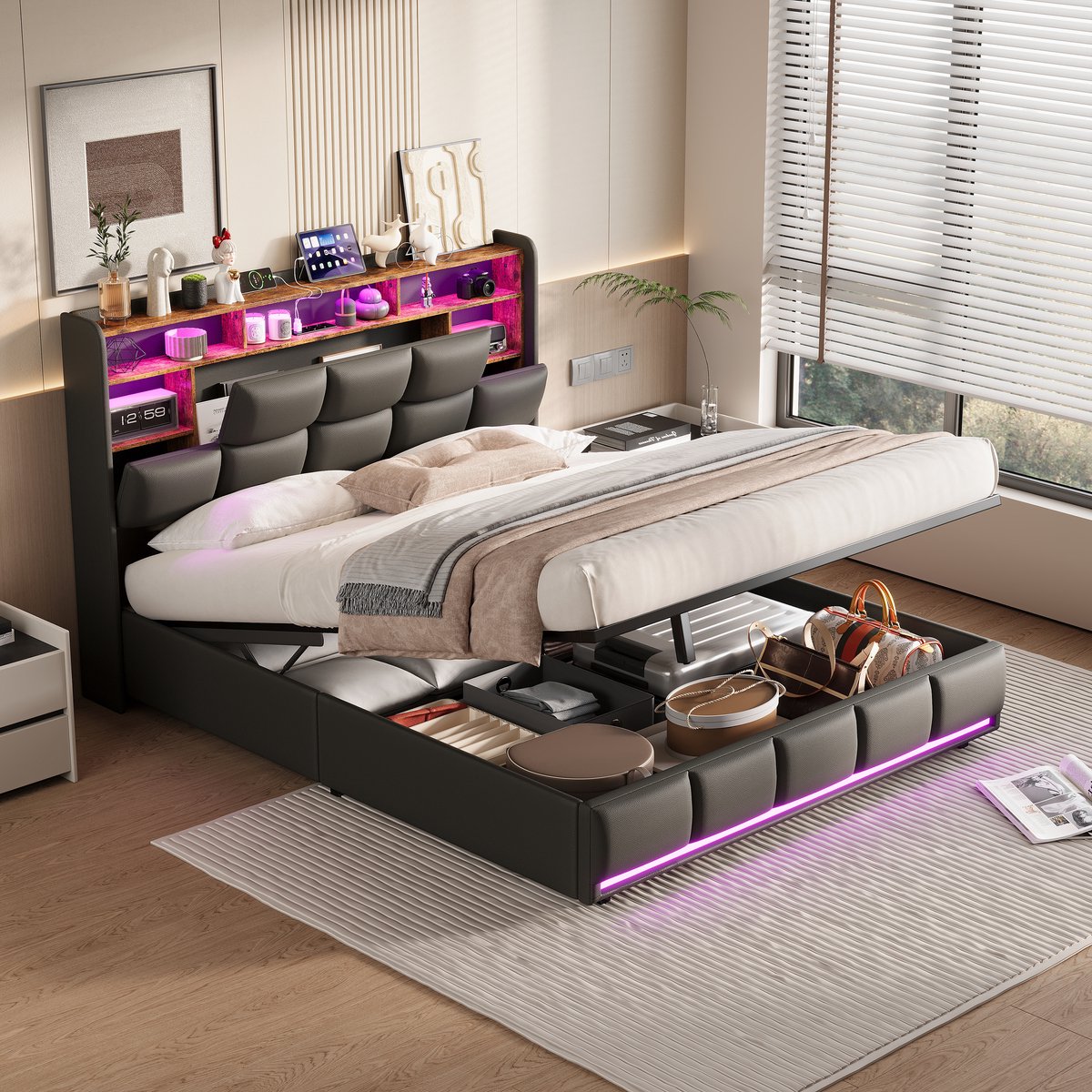Solvenrik Opbergbed 140x200 Zwart PU – Bed met LED, USB & Opbergruimte